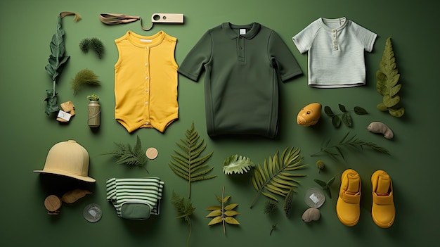 Des vêtements et des accessoires assortis disposés sur une surface verte