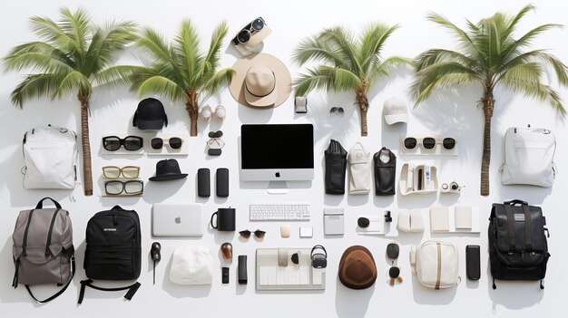 Photo des vêtements et des accessoires à la mode, élégants et à la mode pour hommes, habilement disposés sur du bois blanc