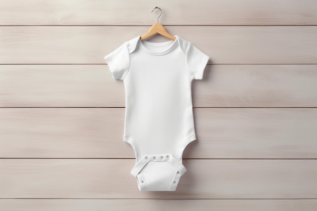 Vêtements de bébé blancs accrochés à un mur en bois.