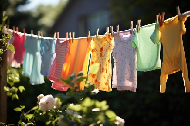 Des vêtements de bébé colorés sont accrochés à une corde à linge à l'extérieur dans le jardin au soleil après le lavage