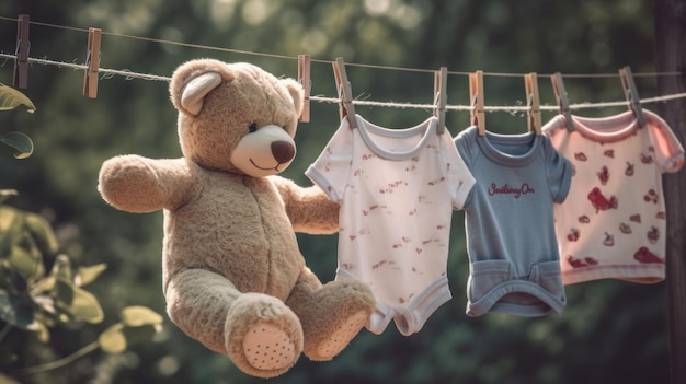 Vêtements de bébé sur une corde à linge avec un ours en peluche généré par l'IA