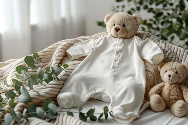 Des vêtements de bébé et des ours en peluche sur le lit.