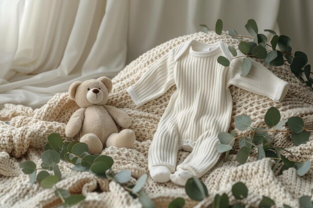 Des vêtements de bébé et des ours en peluche sur le lit.