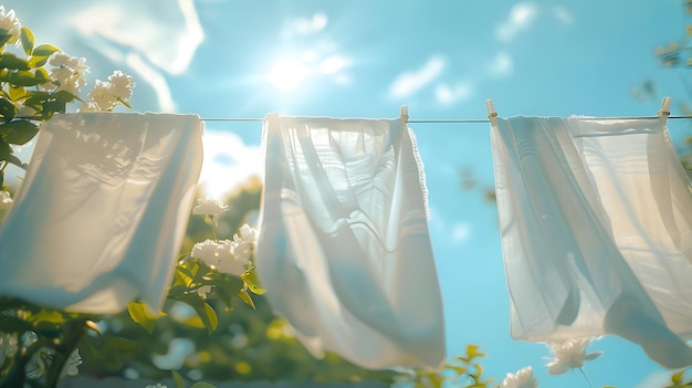 Vêtements blancs frais après séchage du linge sur une ligne de fermeture haute résolution