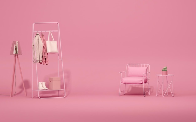 Vêtements sur un cintre chaise lampadaire et cache-pot Scène abstraite objet rose pastel sur rose vif