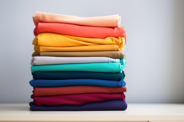 Des vêtements colorés empilés sur une surface blanche.