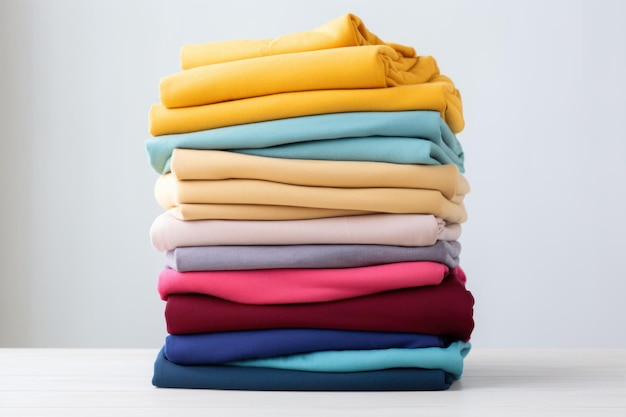 Des vêtements colorés empilés sur une surface blanche.