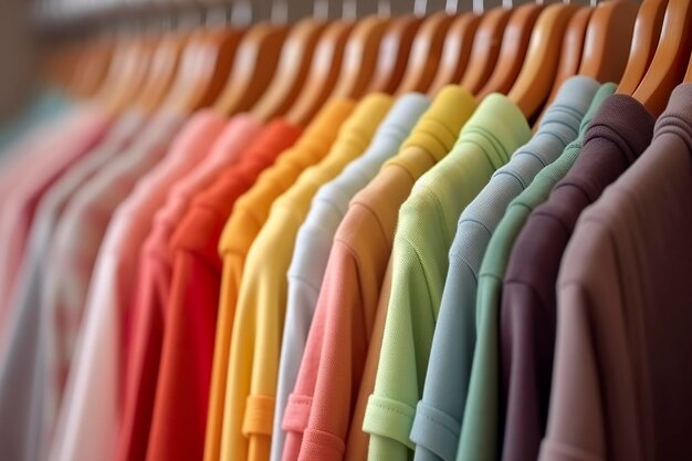 Des vêtements colorés sur un étagère à vêtements pastel un placard coloré dans un magasin ou une chambre à coucher des vêtements de couleur arc-en-ciel choix sur des cintreuses image concept de garde-robe à domicile AI Génératif