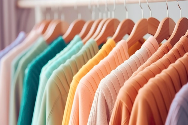 Vêtements colorés sur un porte-vêtements placard coloré pastel dans un magasin ou une chambre choix de vêtements de couleur arc-en-ciel sur des cintres image de concept de garde-robe à la maison AI Generative