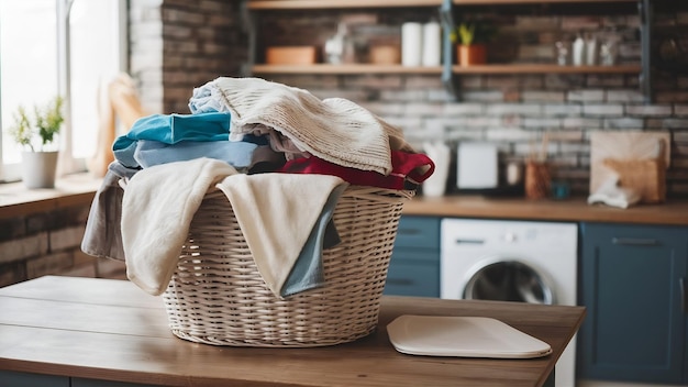 Des vêtements dans un panier en osier sur une table en bois à la buanderie