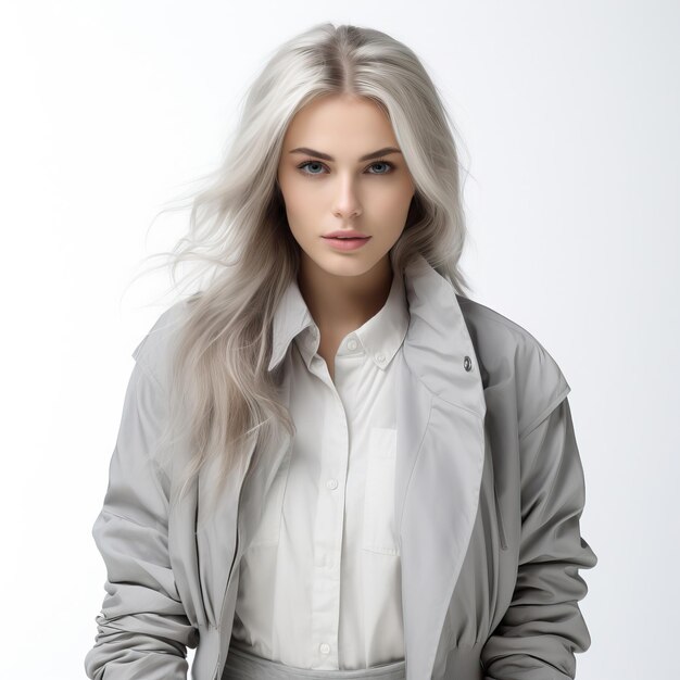 Vêtements gris femme blanche sur fond blanc isolé