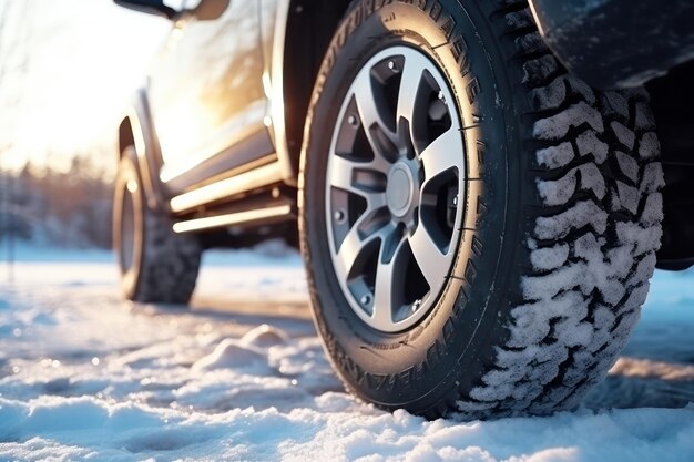 Vêtements d'hiver en gros plan Détail des pneus de voiture en hiver sur la route couverte de neige En hiver en voiture