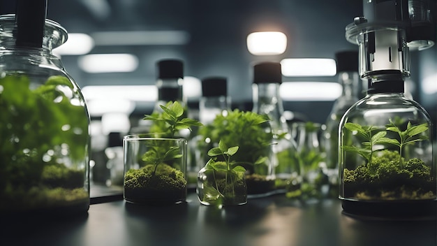 Vêtements de laboratoire avec des plantes vertes dans des tubes d'essai concept de recherche scientifique