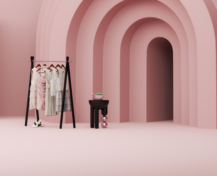 Photo vêtements de luxe accrochés à un rack salle d'essai sur fond noir et rose composition créative