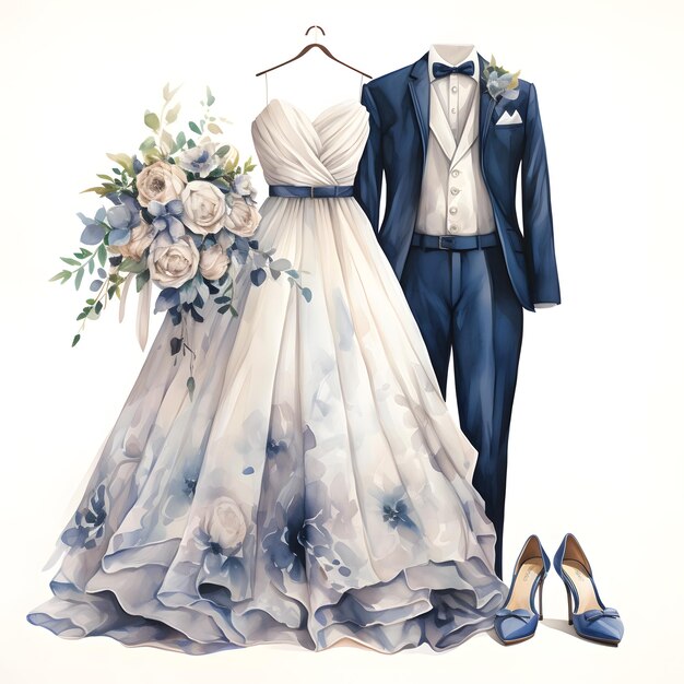 Les vêtements de mariage de la mariée et du marié sur un fond blanc Illustration à l'aquarelle