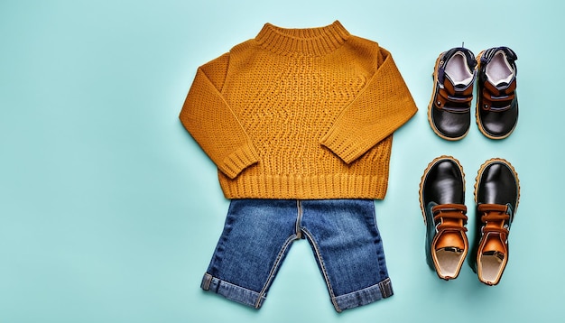 Photo vêtements de mode pour enfants chaussures à tricoter pull jeans bottes en daim