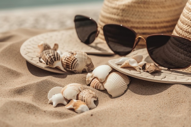 Vêtements de plage d'été, tongs, chapeau, lunettes de soleil et coquillages sur la plage de sable