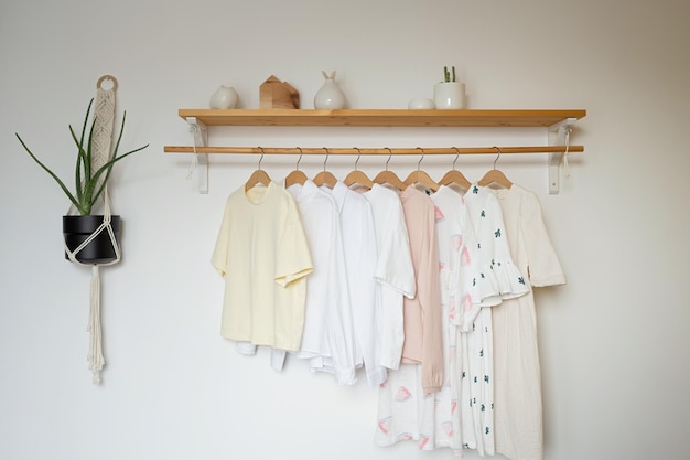 Photo des vêtements pour enfants sur des cintreaux dans une pièce avec des murs blancs et une étagère en bois à l'intérieur