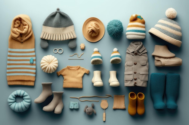 Vêtements pour enfants sous forme de chapeaux et chaussettes souples disposés sur fond clair créé avec generativ