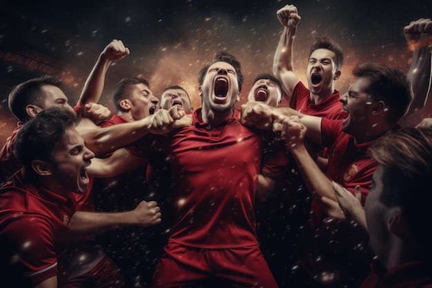 En vêtements rouges Groupe de footballeurs célébrant une victoire Belle image d'illustration