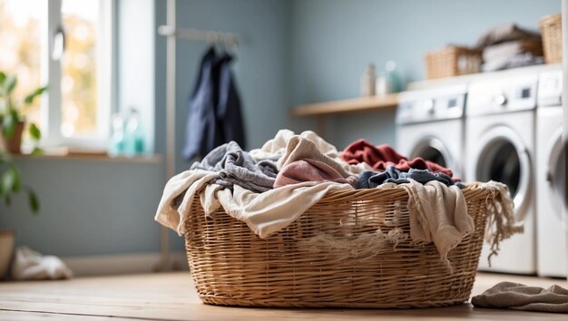 Photo vêtements sale dans le panier avec fond blanc de la salle de lavage fond avec espace de copie