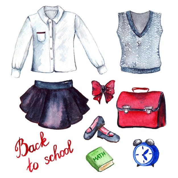 Vêtements scolaires élève forme uniforme fashion look set isolé