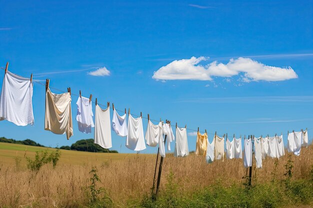 vêtements à sécher sur la ligne de linge dans les champs à l'extérieur