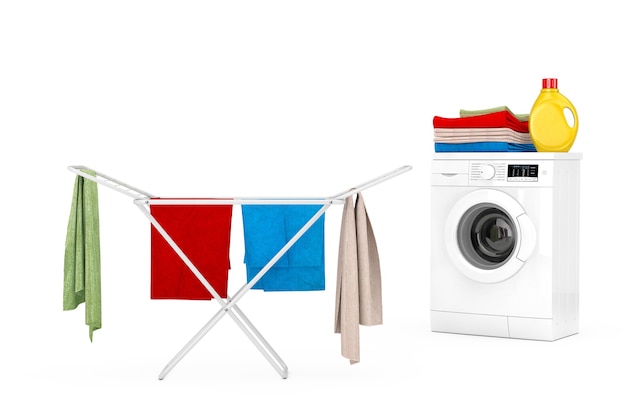 Photo vêtements sur un séchoir à linge en métal pliant blanc près d'une machine à laver moderne blanche avec une bouteille de détergent et une pile de vêtements sur fond blanc. rendu 3d
