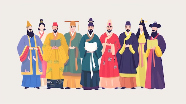 Les vêtements traditionnels coréens sont portés par le roi coréen Sejong C'est un style de conception plat illustration moderne Traduction Hangul et alphabet coréen