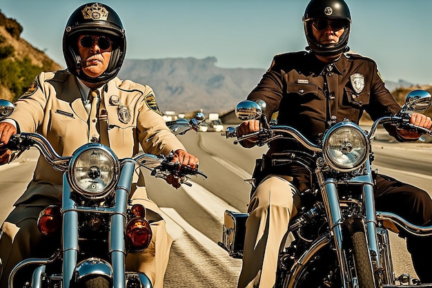 vétéran chips patrouille de police sur des motos équitation des vélos steampunk cartes postales drôles art génératif de l'IA