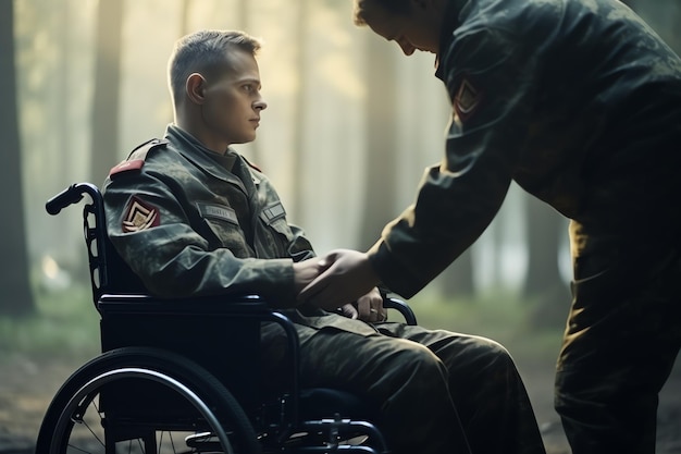 vétéran en fauteuil roulant avec un ami qui donne la main