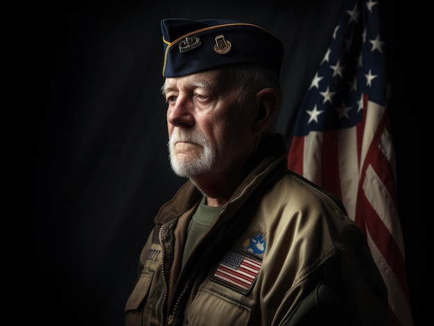 Vétéran militaire des États-Unis avec le drapeau derrière l'IA générative