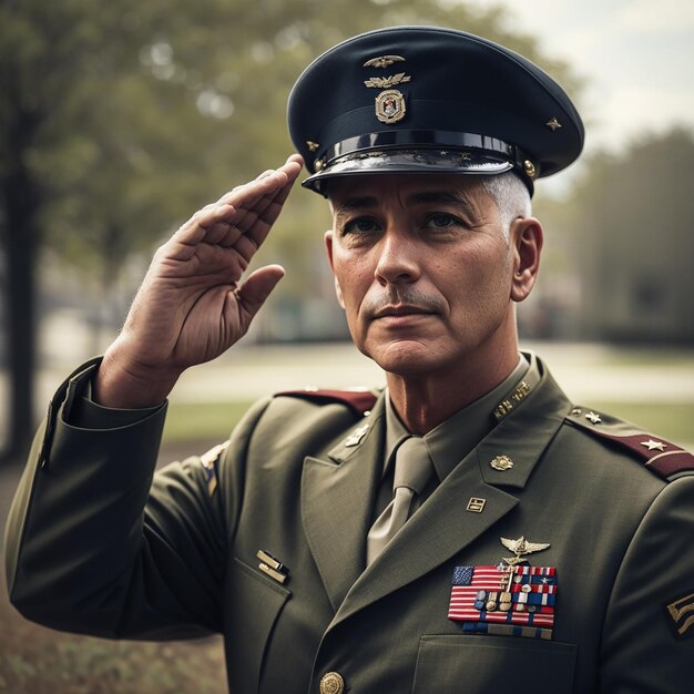 Un vétéran en uniforme fait un salut militaire.