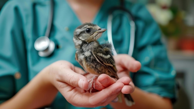 Un vétérinaire attentionné berce un petit oiseau dans les mains