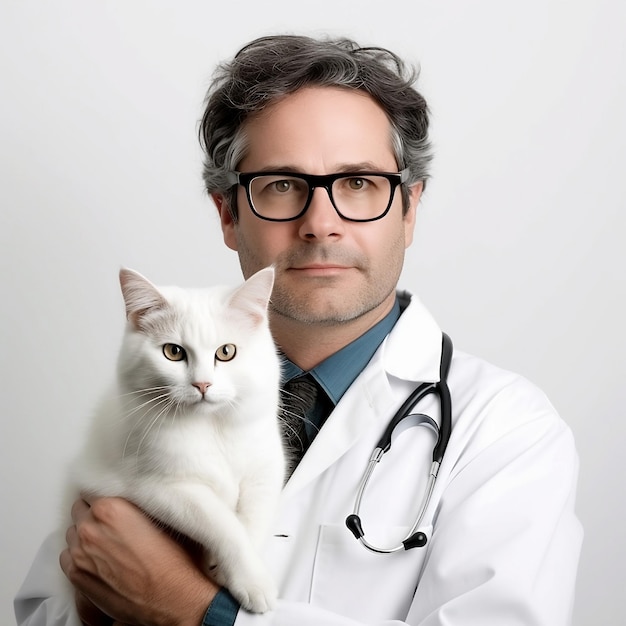 Vétérinaire avec un chat blanc sur fond blanc