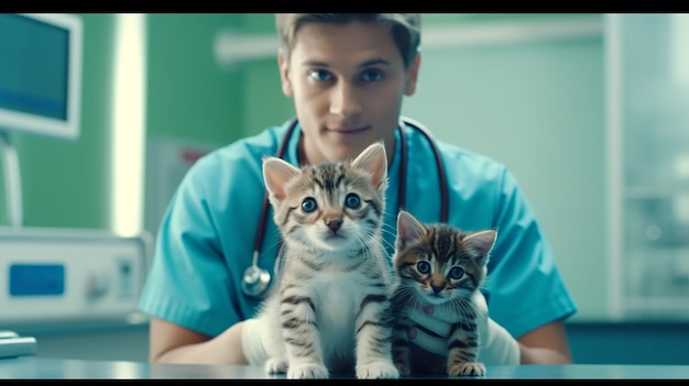 Photo vétérinaire avec chien et chat chiot et chaton chez le médecin