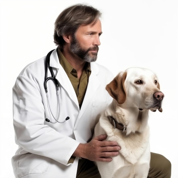 Vétérinaire avec un chien labrador sur fond blanc