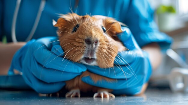 Photo vétérinaire effectuant un nettoyage dentaire sur un cochon d'inde pour maintenir l'hygiène buccale et prévenir les problèmes dentaires chez les petits animaux de compagnie