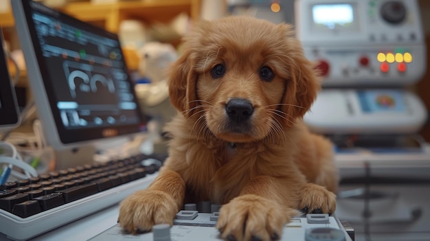 Photo un vétérinaire effectue une échographie d'un chien en regardant le chiot un vétèrinaire effectue des échographies d'un animal pour diagnostiquer et analyser son état de santé focus sélectif