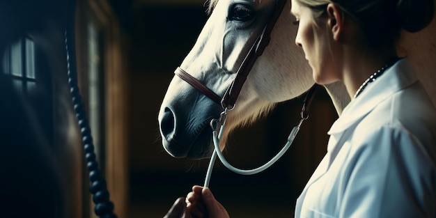 Photo vétérinaire examinant le cheval