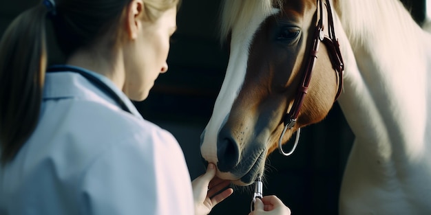 Photo vétérinaire examinant le cheval