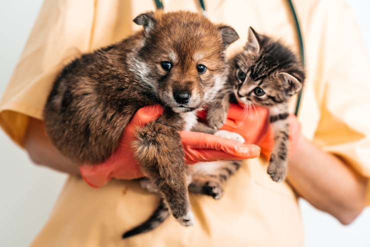 Photo vétérinaire examinant chien et chat. chiot et chaton chez le médecin vétérinaire. vaccination des animaux de compagnie.