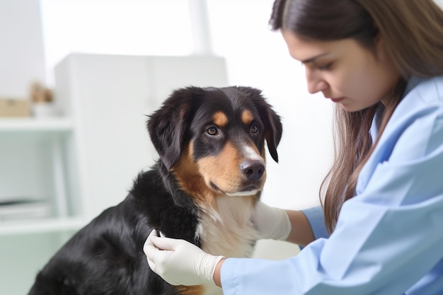 vétérinaire examinant un chien dans une clinique