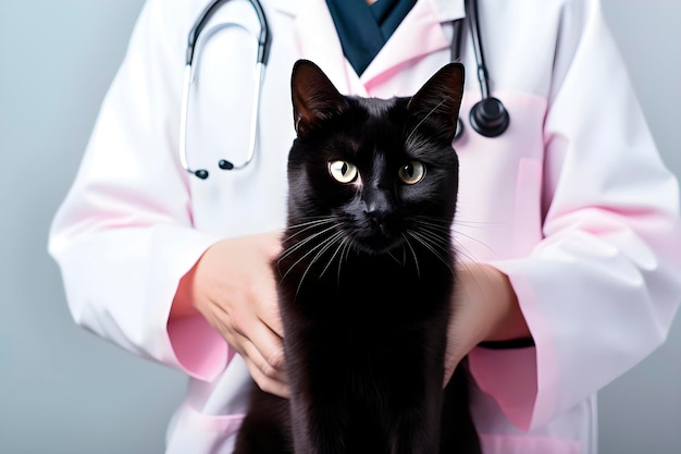 Le vétérinaire examine le chat noir Le toilettage et les soins des animaux de compagnie générés par l'IA