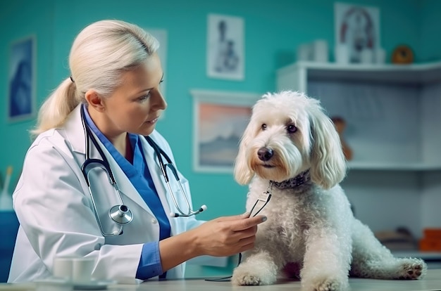 Une vétérinaire examine un chien à la clinique.