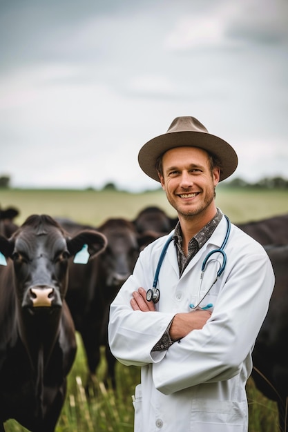 Photo le vétérinaire examine les vaches en arrière-plan