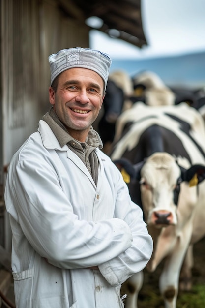 Photo le vétérinaire examine les vaches en arrière-plan