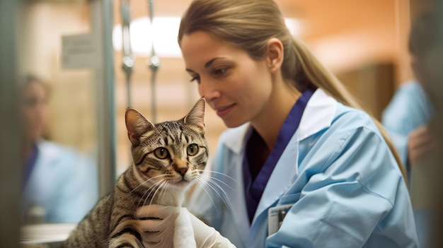 Photo vétérinaire femelle examinant le chat