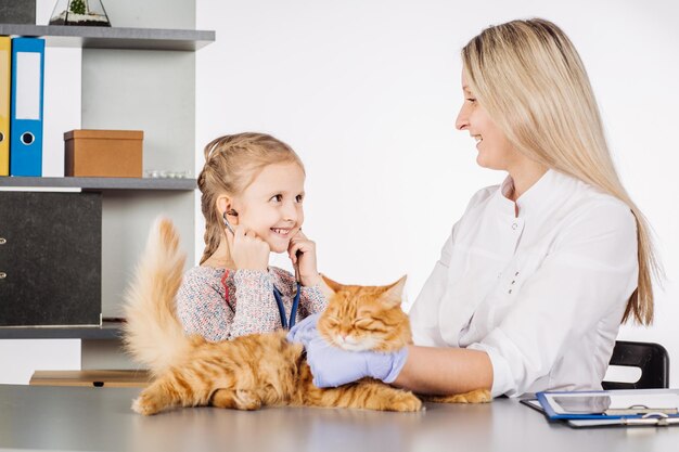 Vétérinaire femelle et fille avec chaton en clinique