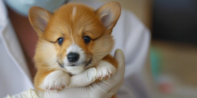 Un vétérinaire d'intelligence artificielle générative tient dans ses mains une bannière de clinique vétérinaires de chiots mignons.